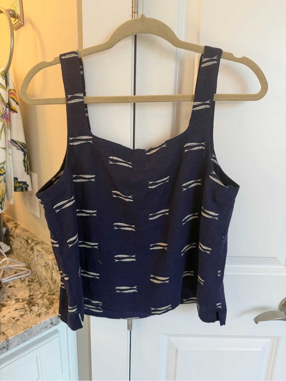 a new day linen Navy Tank Top with Cream Fish-Print